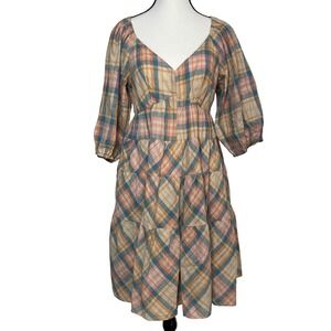 Drew Women Dress Small Beige Plaid‎ Tiered Babydoll Country Cottagecore Prairie